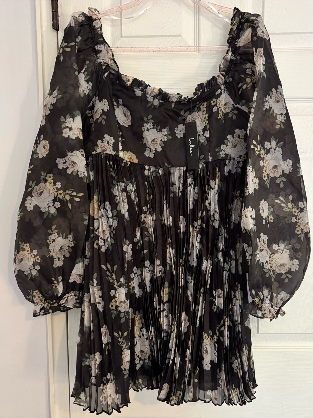 Lulu's Black Floral Pleated Mini Dress with White and Cream Blooms